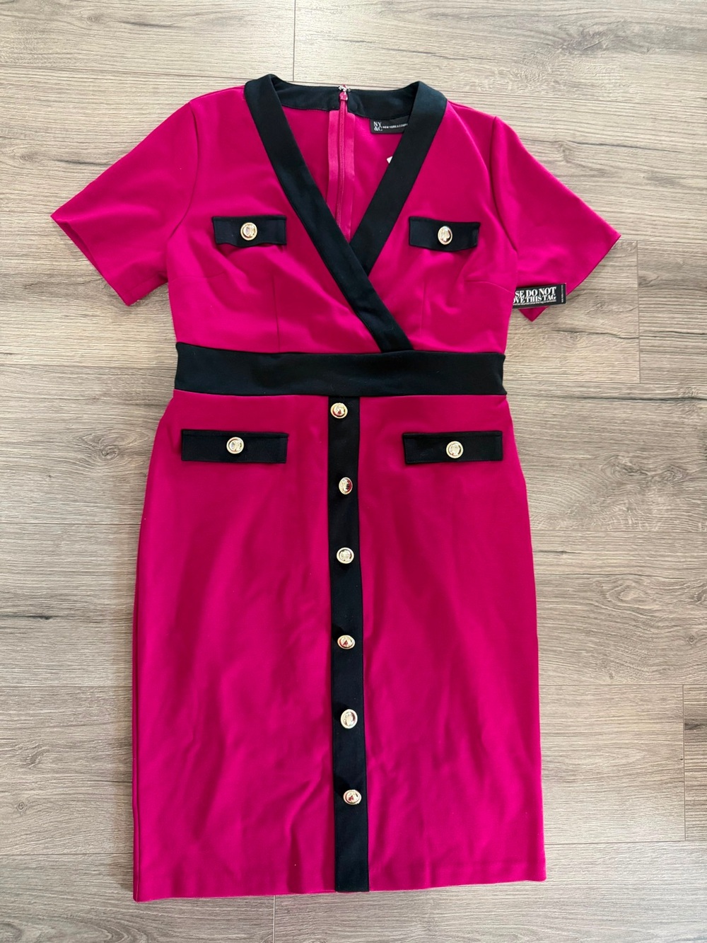 Faux-Wrap Short Sleeve Dress with Black Trim